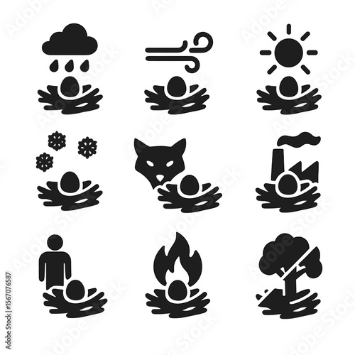 Environment Icons Grid. Solid, filled icon set of environmental factors affecting nests: rain, wind, sun, snow, predator,