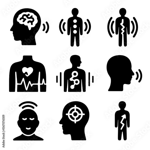 Sound Wave Effects Icons. Solid, filled icon set of sound wave effects on the body: brain stimulation, chakra alignment, nervous