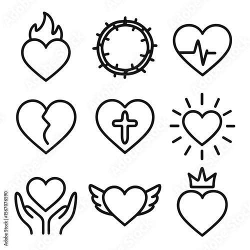 Heart Icon Grid. Solid, filled icon set of heart metaphors: heart with flames, heart with thorns, beating heart, broken heart,