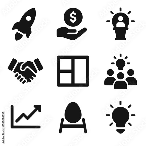 Entrepreneurship Icon Grid. Solid, filled icon set of entrepreneurial creativity: startup rocket, funding icon, innovation pitch,