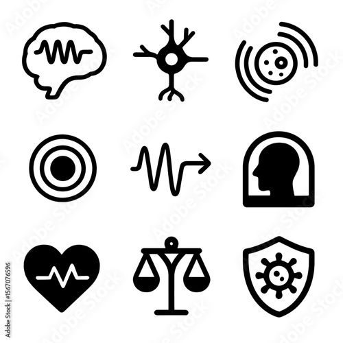 Sound Therapy Icons. Solid, filled icon set of scientific aspects of sound and vibration therapy: brain waves, neuron activity,
