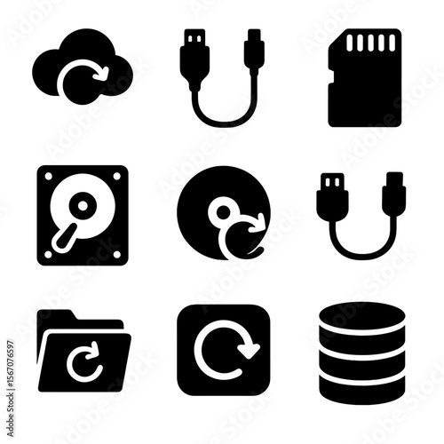 Data Recovery Icons. Solid, filled icon set of data recovery elements: backup cloud, USB cable, memory card, hard drive, software