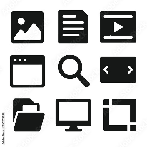Digital Icon Grid. Solid, filled icon set of digital previews: image thumbnail, file snippet, video frame, preview window, zoom