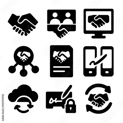 Digital Handshake Icons. Solid, filled icon set of digital handshake: online agreement, virtual meeting, handshake icon on screen,