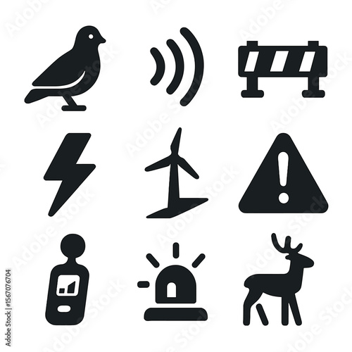 Environmental Impact Icons. grid (3 per rowSolid, filled icon set of environmental impact and safety: bird icon, noise wave,