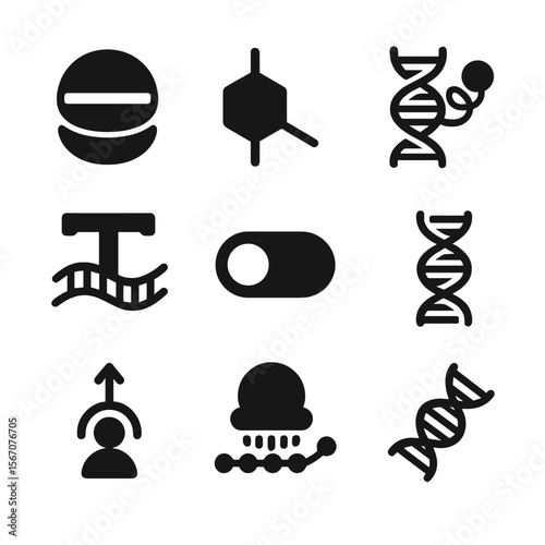 Epigenetics Icon Grid. Solid, filled icon set of epigenetics and gene expression: histone, methylation marker, open chromatin,