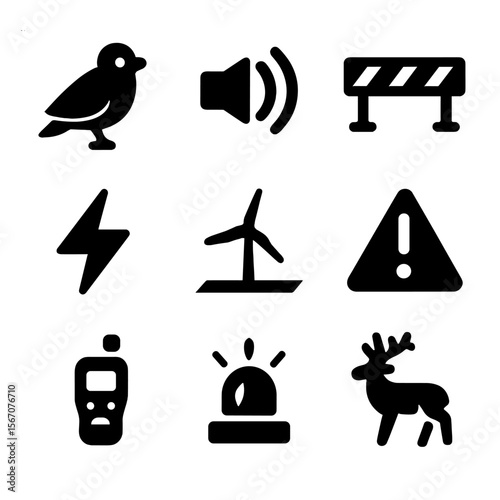 Environmental Impact Icons. grid (3 per rowSolid, filled icon set of environmental impact and safety: bird icon, noise wave,