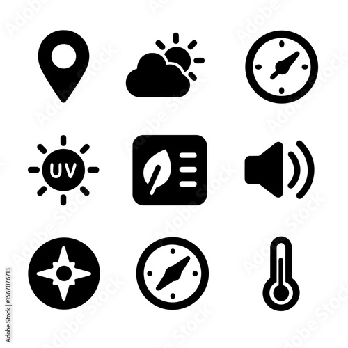 Environmental Sensor Icons. Solid, filled icon set of environmental sensors: GPS location, weather update, altitude meter, UV