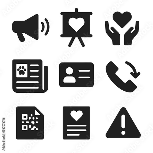 Public Awareness Icons. Solid, filled icons set of public awareness for shelter needs: speaker icon, poster