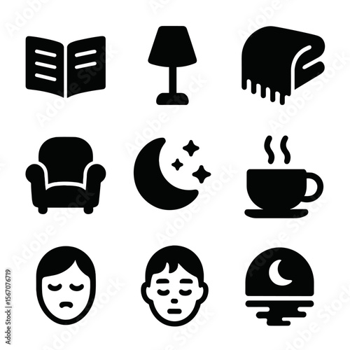 Quiet Reading Icons. Solid, filled icons set of quiet reading time: open book, soft lamp, calm blanket, cozy