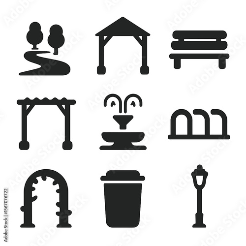 Public Park Icons. Solid, filled icons set of architecture of public parks and green spaces: walking path,