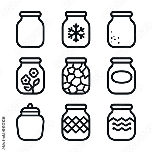 Decorative Jar Icons. Solid, filled icon set of decorative glass jars: colored glass, etched pattern, frosted glass, painted jar,