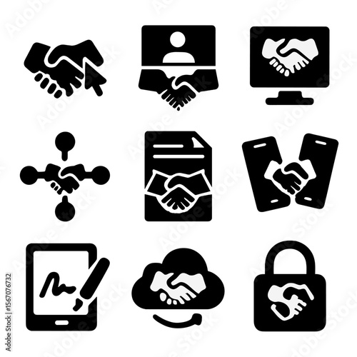 Digital Handshake Icons. Solid, filled icon set of digital handshake: online agreement, virtual meeting, handshake icon on screen,