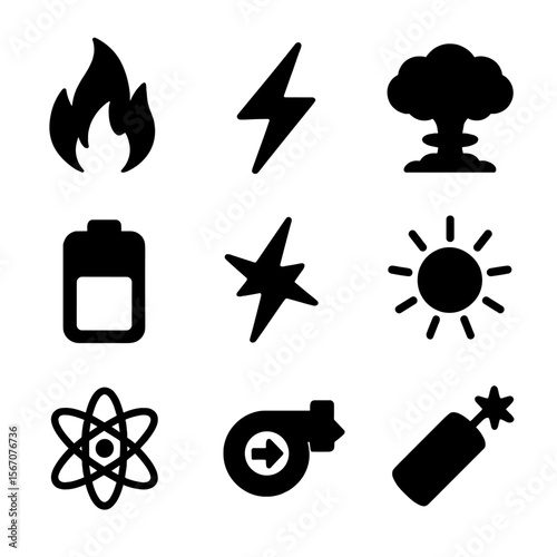 High Energy Icon Set. Solid, filled icon set of high energy symbols: fire flame, lightning strike, explosion, battery charge,