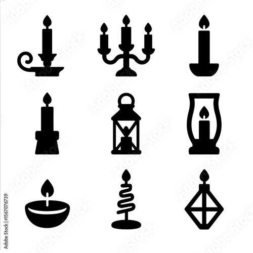 Decorative Candle Holders. Solid, filled icon set of decorative candle holders: ornate candle holder, vintage candelabra, modern