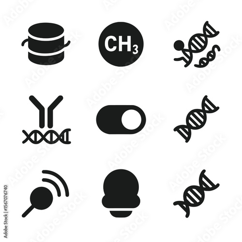 Epigenetics Icon Grid. Solid, filled icon set of epigenetics and gene expression: histone, methylation marker, open chromatin,