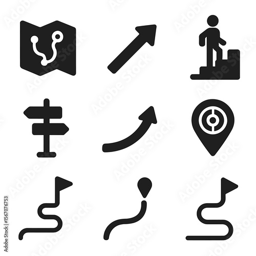 Professional Growth Icons. Solid, filled icons set of professional growth roadmap: roadmap icon, direction