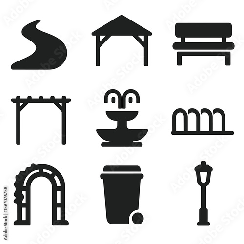 Public Park Icons. Solid, filled icons set of architecture of public parks and green spaces: walking path,