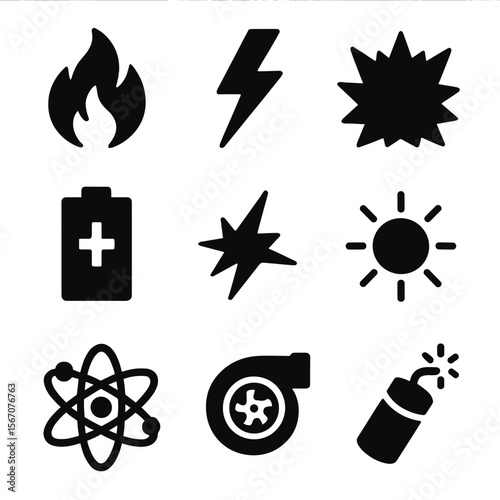 High Energy Icon Set. Solid, filled icon set of high energy symbols: fire flame, lightning strike, explosion, battery charge,