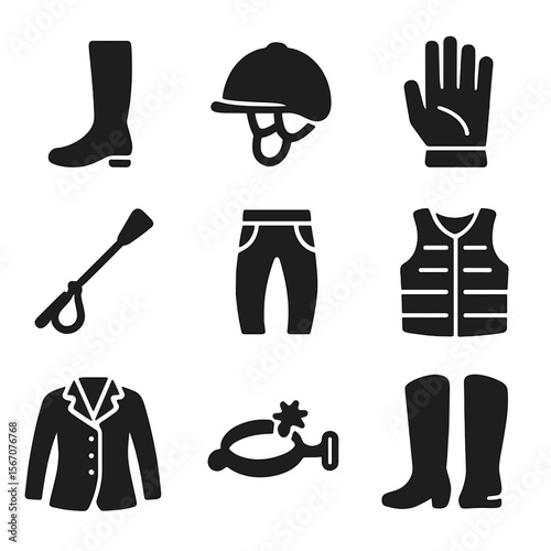Equestrian Gear Icons. Solid, filled icon set of equestrian riding gear: riding boots, helmet, gloves, crop, spurs, breeches,