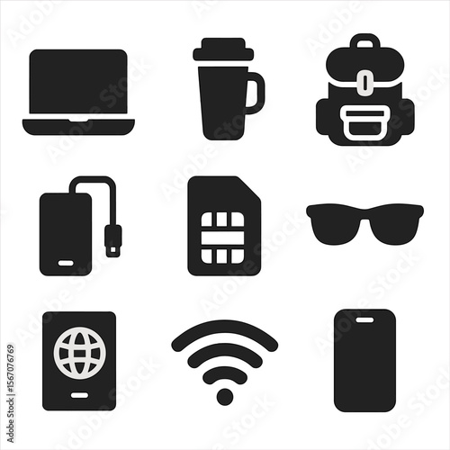 Digital Nomad Essentials. Solid, filled icon set of digital nomad gear: laptop, travel mug, backpack, portable charger, SIM card,