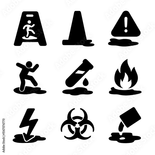 Spilled Hazards Icons. Solid, filled icon set of spilled substances hazards: slippery floor sign, caution cone, hazard symbol, wet