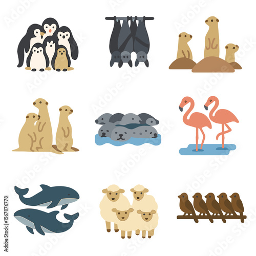 Communal Animal Icons. Flat icon set of communal sleep arrangements: penguin huddle, bat cluster, prairie dog town, meerkat