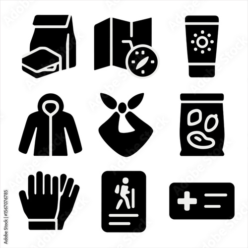 Hiking Essentials Icons. Solid, filled icon set of day hiking essentials: packed lunch, map and compass, sunscreen, windbreaker,