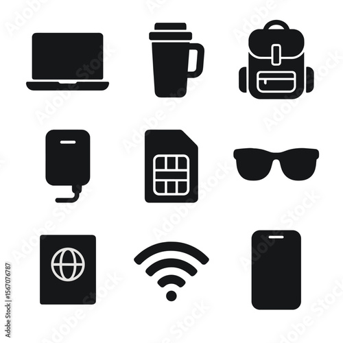 Digital Nomad Essentials. Solid, filled icon set of digital nomad gear: laptop, travel mug, backpack, portable charger, SIM card,