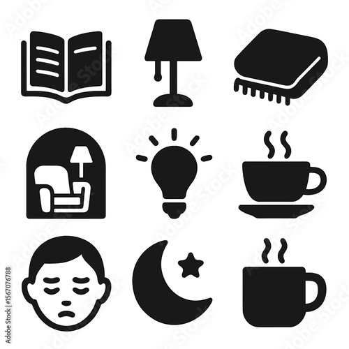 Quiet Reading Icons. Solid, filled icons set of quiet reading time: open book, soft lamp, calm blanket, cozy