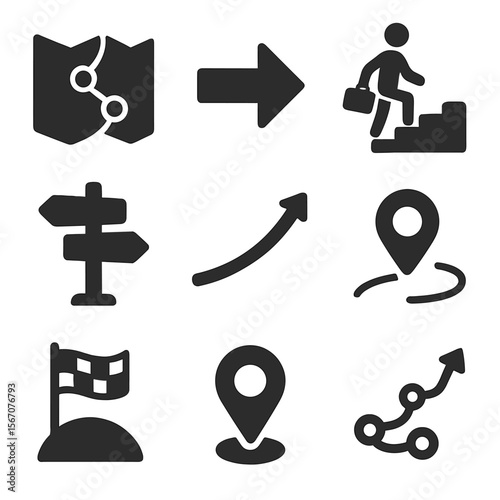 Professional Growth Icons. Solid, filled icons set of professional growth roadmap: roadmap icon, direction