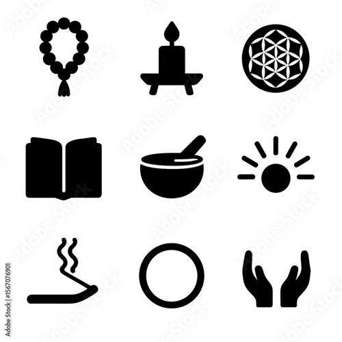 Spiritual Icons Grid. Solid, filled icon set of spiritual reflection: prayer beads, candle altar, sacred geometry, sacred text,