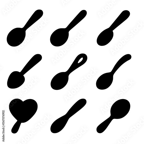 Spoon Icon Collection. Solid, filled icon set of spoon designs: deep bowl, flat bowl, long handle, short handle, decorative handle