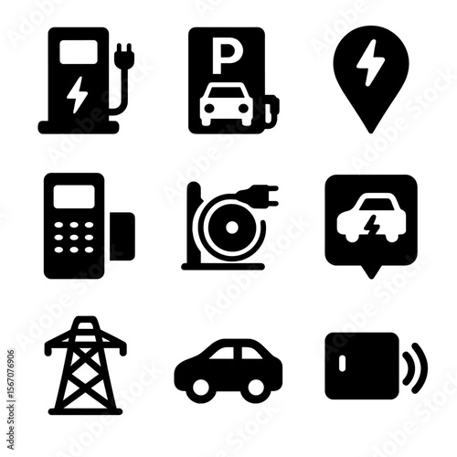 EV Charging Icons. Solid, filled icon set of EV charging infrastructure: charging pole, parking spot, charging station map,