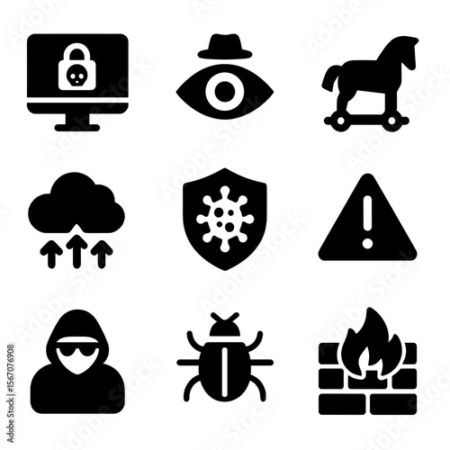 Digital Threat Icons. Solid, filled icon set of digital threats: ransomware, spyware, trojan horse, DDoS attack, virus shield,