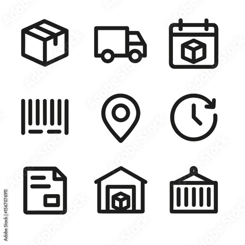 Delivery Icons Grid. Solid, filled icon set of delivery due dates: package box, delivery truck, calendar with package, barcode,