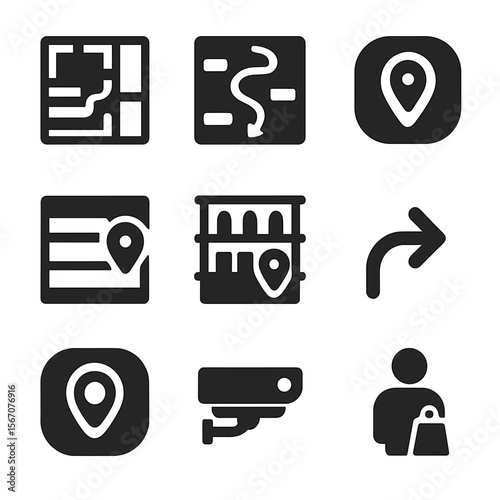 Retail Heatmap Icons. Solid, filled icons set of physical retail heatmapping: store layout, foot traffic path,
