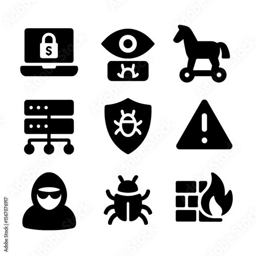 Digital Threat Icons. Solid, filled icon set of digital threats: ransomware, spyware, trojan horse, DDoS attack, virus shield,