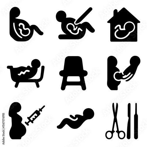 Delivery Method Icons. Solid, filled icon set of delivery methods: vaginal birth, C-section icon, home birth, water birth tub,