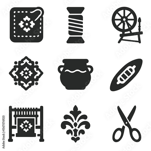 Renaissance Textile Icons. Solid, filled icons set of textile crafts in the renaissance: embroidered fabric,