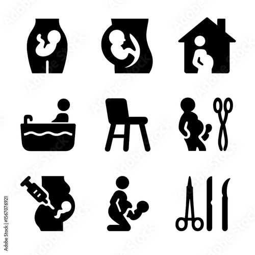 Delivery Method Icons. Solid, filled icon set of delivery methods: vaginal birth, C-section icon, home birth, water birth tub,