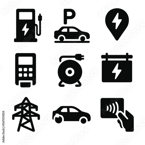 EV Charging Icons. Solid, filled icon set of EV charging infrastructure: charging pole, parking spot, charging station map,