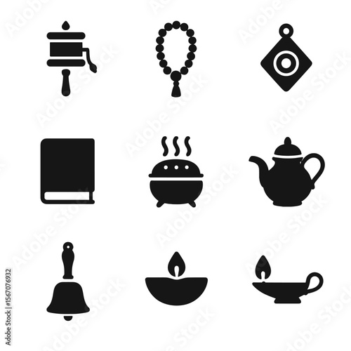 Spiritual Tools Icons. Solid, filled icon set of spiritual tools and artifacts: prayer wheel, rosary, talisman, sacred text,