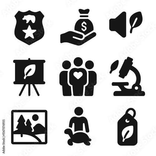 Conservation Icon Set. Solid, filled icons set of conservation organizations and efforts: ranger badge,