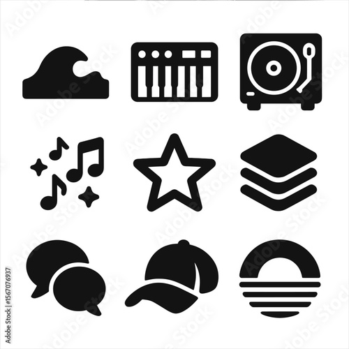 Retro Music Icon Set. Solid, filled icons set of indie and synthpop mix: lo-fi wave, keyboard synth, record