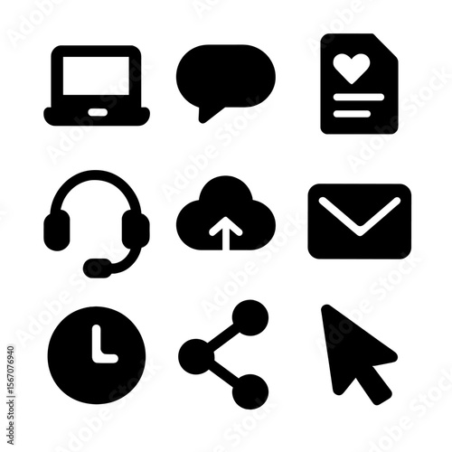 Digital Volunteer Icons. Solid, filled icon set of digital volunteer work: laptop, chat bubble, document, headset, cloud upload,