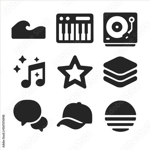 Retro Music Icon Set. Solid, filled icons set of indie and synthpop mix: lo-fi wave, keyboard synth, record