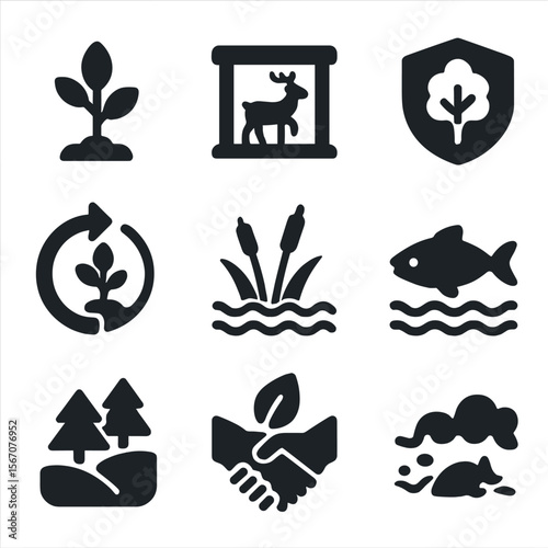 Conservation Efforts Icons. Solid, filled icons set of conservation and restoration efforts: tree sapling,