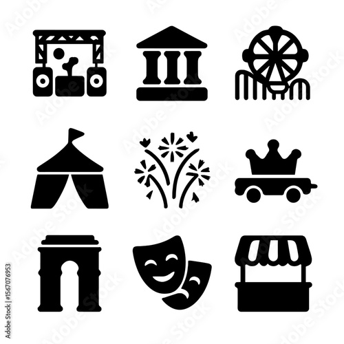 Holiday Icon Grid. Solid, filled icon set of holiday events and attractions: concert stage, museum, amusement park, festival tent,