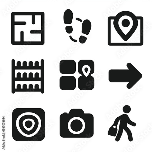 Retail Heatmap Icons. Solid, filled icons set of physical retail heatmapping: store layout, foot traffic path,